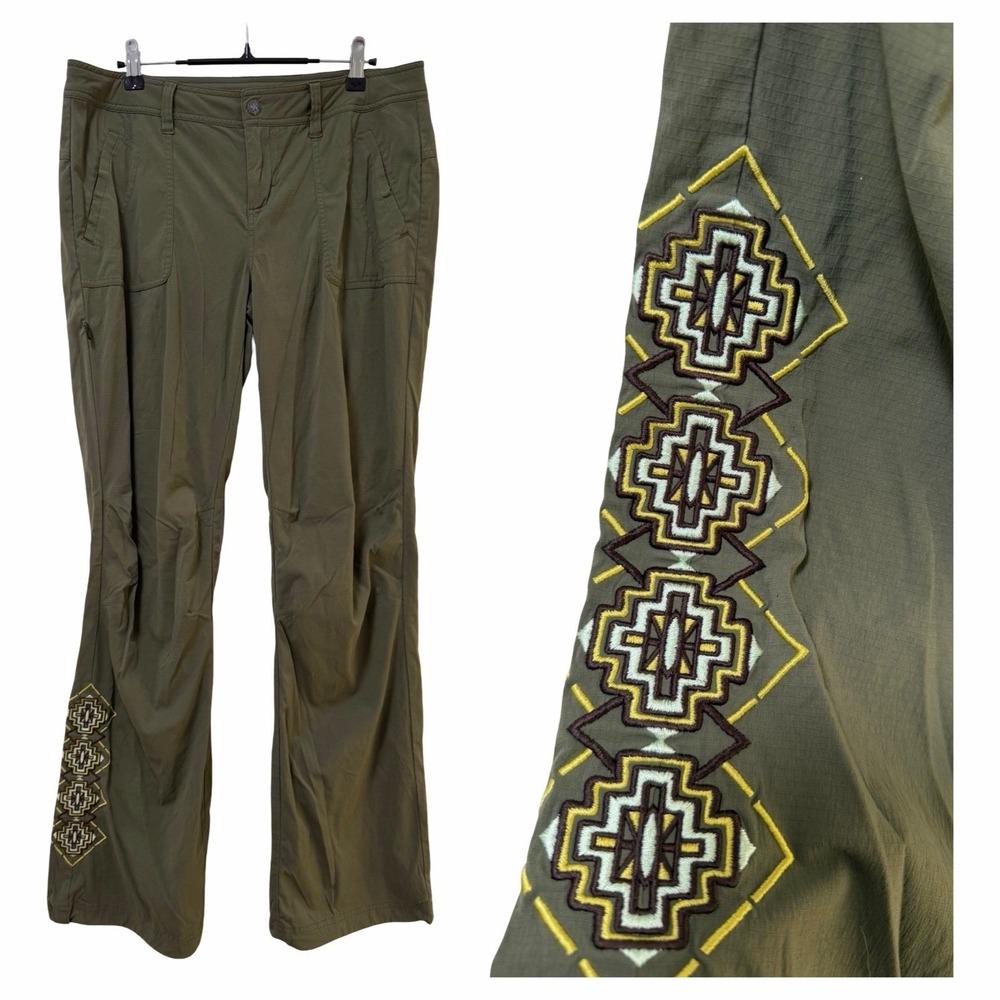 PrAna Womens Mid‎ Rise Embroidered Hiking Flare Pant Size 8 Green Gorpcore